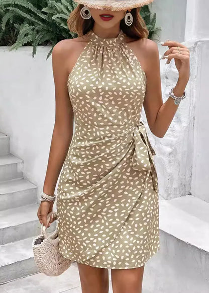 Natural Black Print Lace Up Cotton Mid Dress Sleeveless