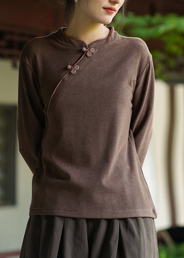 Coffee Stand Collar Oriental Button Cotton Tops Spring