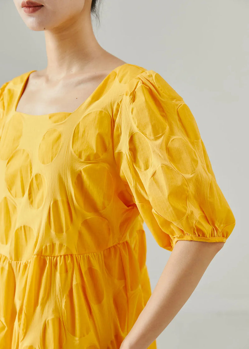 Yellow Square Collar Cotton Holiday Dress Summer