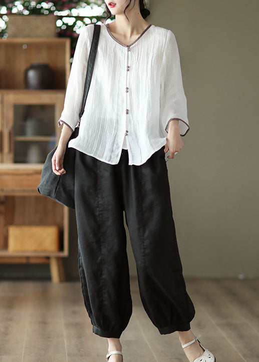 White O Neck Patchwork Linen Blouses Summer