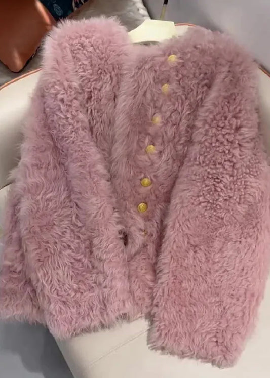 French Pink O-neck Button Faux Fur Coats Spring