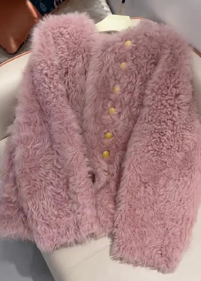 French Pink O-neck Button Faux Fur Coats Spring