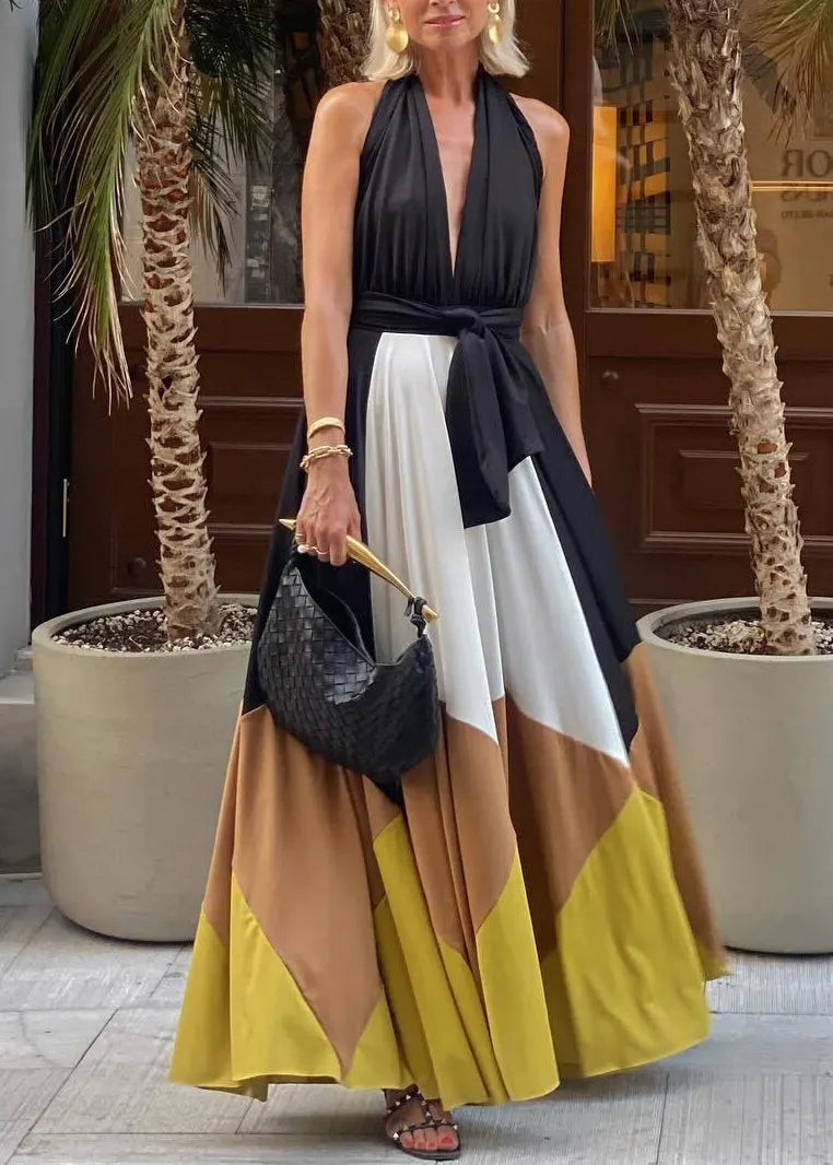 Colorblock Backless Lace Up Cotton Maxi Dresses Sleeveless