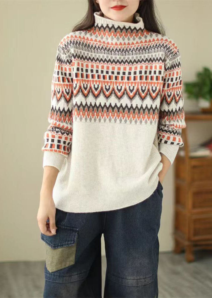 Beige Turtle Neck Thick Print Knit Sweater Tops Winter