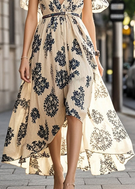 Beige Print Exra Large Hem Cotton Holiday Dress Summer