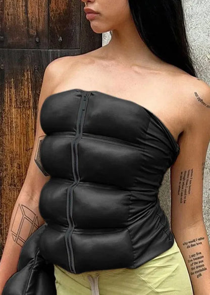 Khaki Cold Shoulder Zipper Strapless Vest