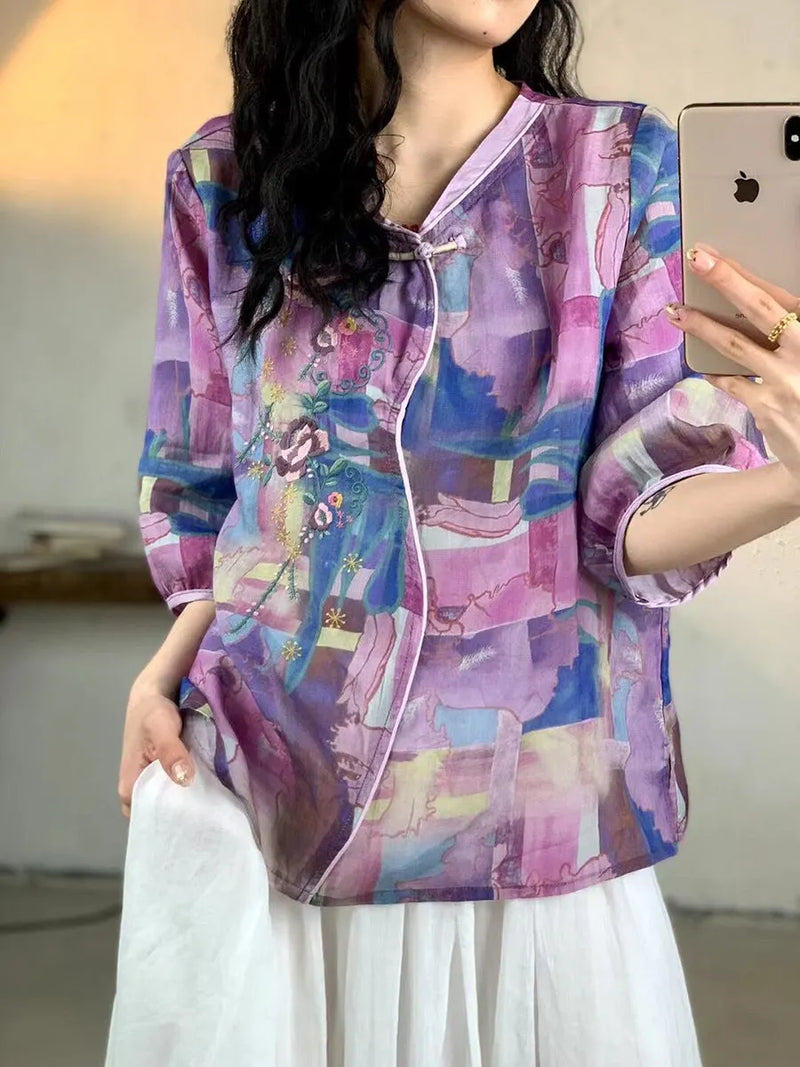 Summer Embroidery Ramie Shirt