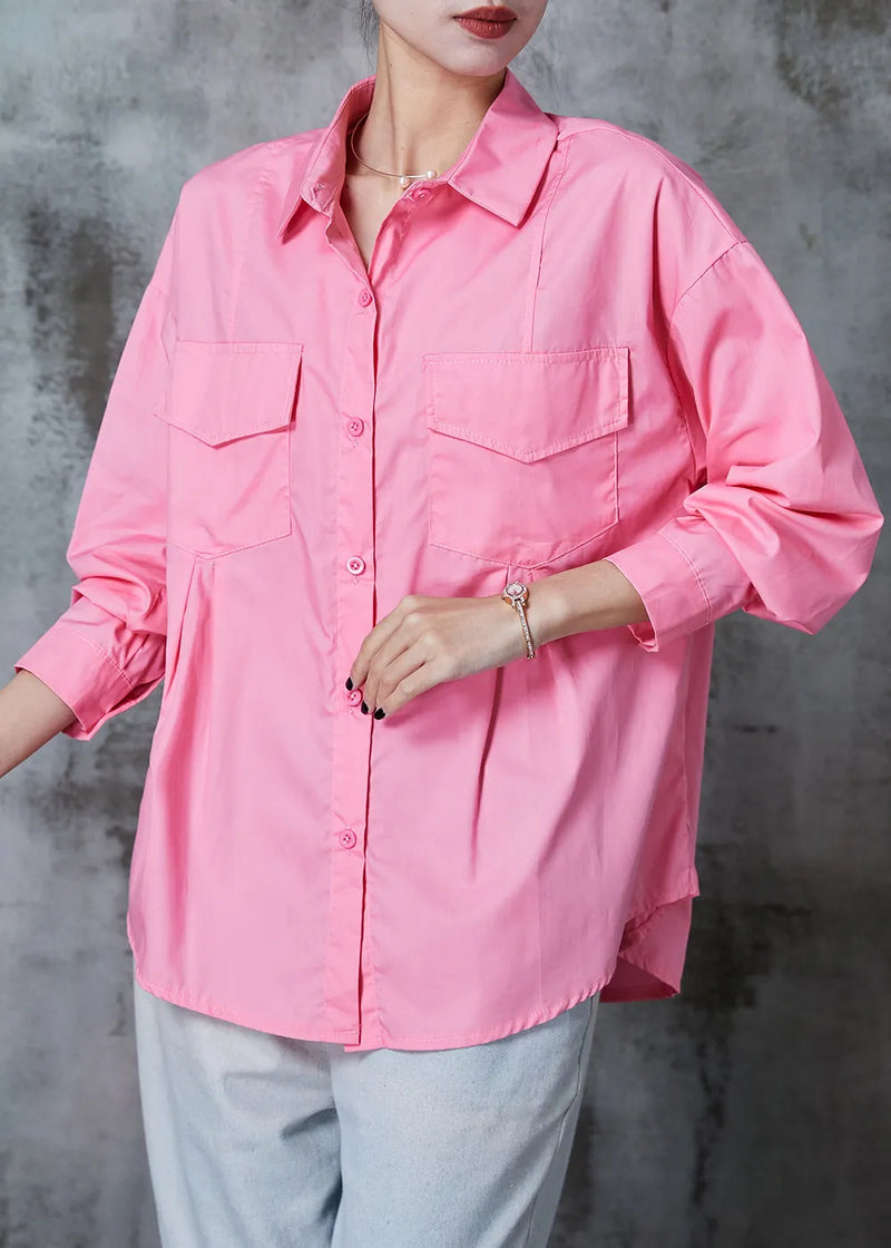 Pink Loose Cotton Shirt Tops Wrinkled Pockets Summer