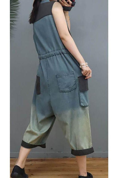 Denim Color Patchwork Patchwork Cinched Sleeveless Jumpsuits Dungarees