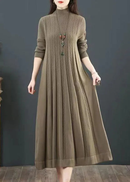 Green Stand Collar Exra Large Hem Knit Holiday Dress Spring