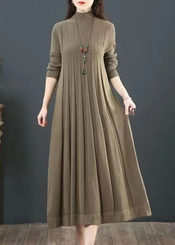 Green Stand Collar Exra Large Hem Knit Holiday Dress Spring