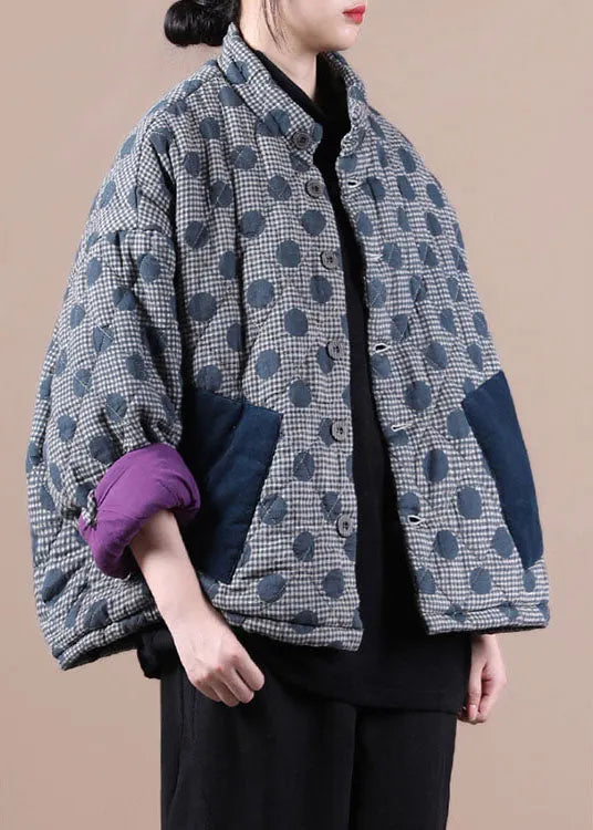 Blue Pockets Patchwork Dot Winter Cotton Coat