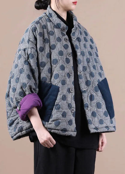 Blue Pockets Patchwork Dot Winter Cotton Coat