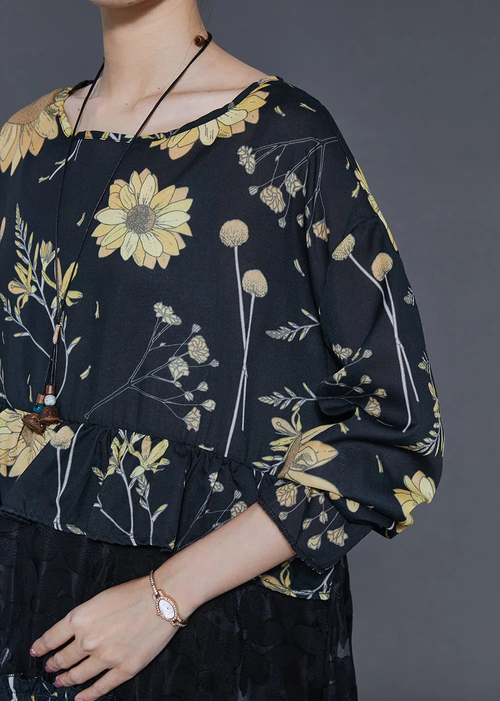 Black Print Patchwork Lace Vacation Dresses Fall