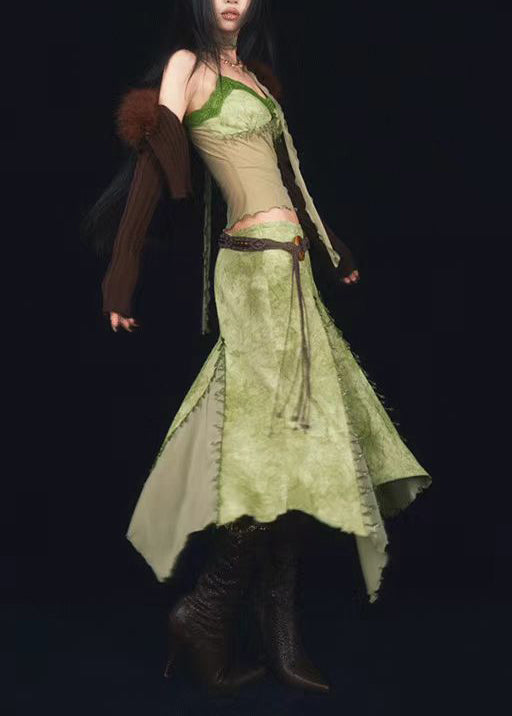 Green Tie Dyed Suspender Top and Skirt Two Piece Set Summer