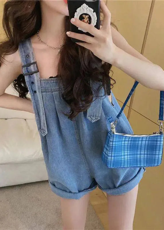 Blue Pockets Patchwork Denim Jumpsuits Summer
