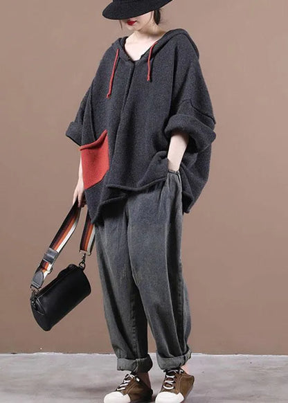 Comfy Dark Grey Hooded Pockets Sweater Coat
