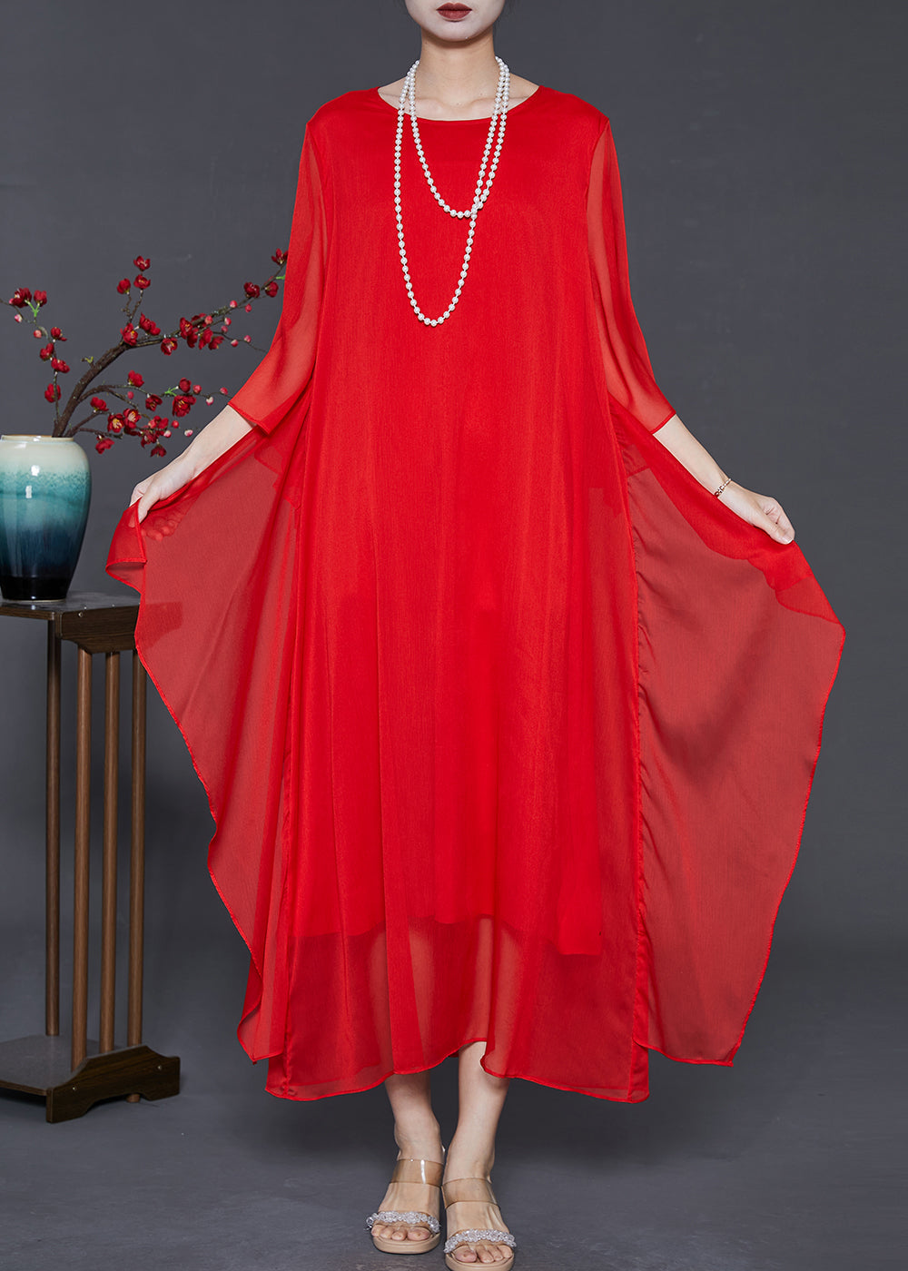 Modern Red Oversized Side Open Chiffon Beach Dresses Flare Sleeve