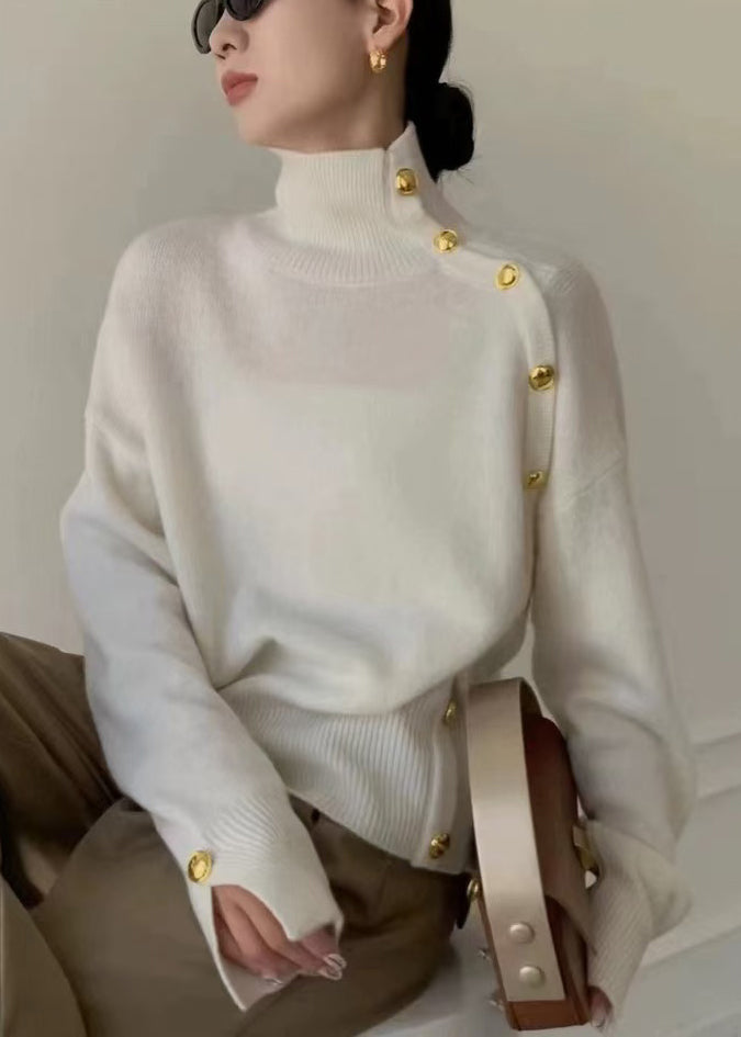 Grey Turtleneck Button Side Open Knit Sweater Winter