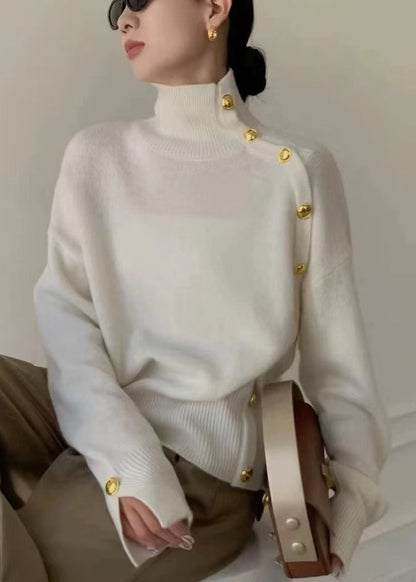 Grey Turtleneck Button Side Open Knit Sweater Winter