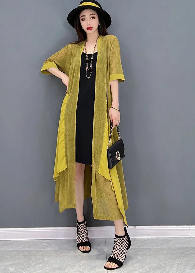 Yellow Asymmetrical Design Patchwork Loose Long Cardigans Summer