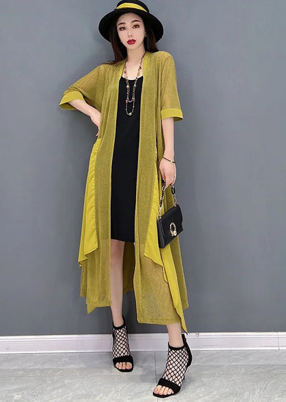 Yellow Asymmetrical Design Patchwork Loose Long Cardigans Summer