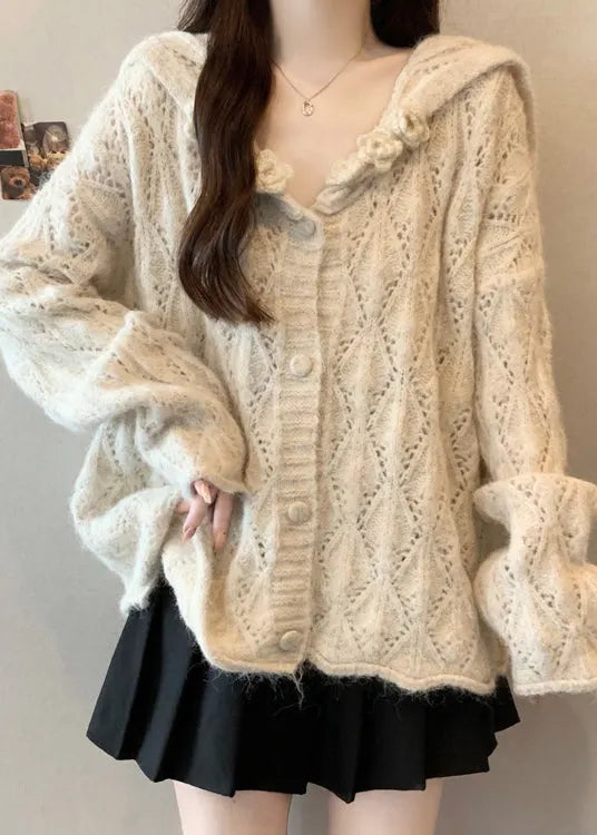 Beige Button Cozy Knit Cardigan Tops Hollow Out