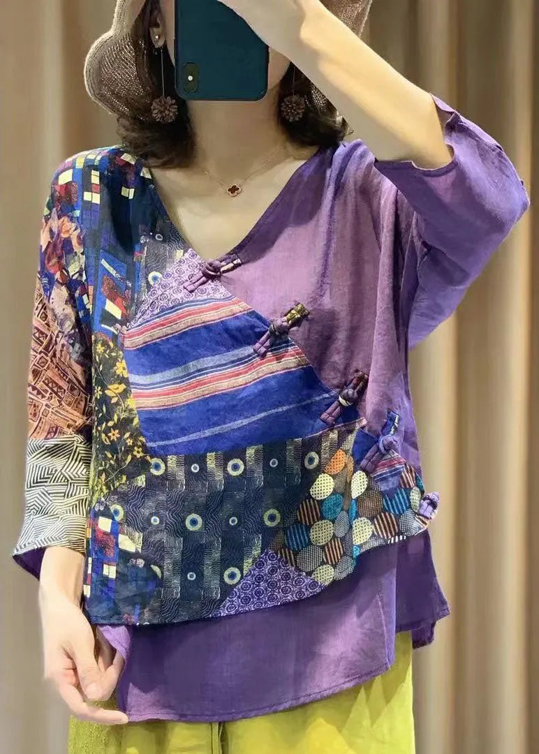 Purple Chinese Button Print Patchwork Cotton Shirt Tops Summer