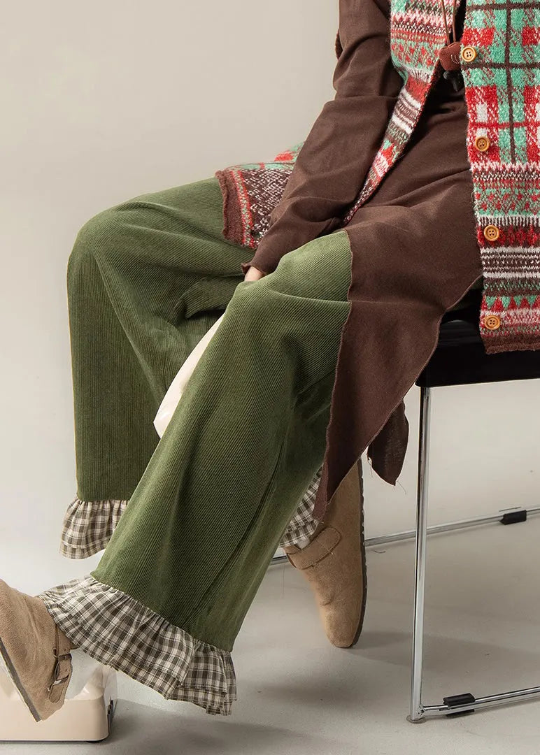 Green Ruffled Patchwork High Waist Wide Leg Pants