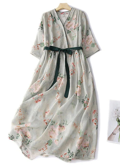 Green Button Print Lace Up Cotton Dresses Summer