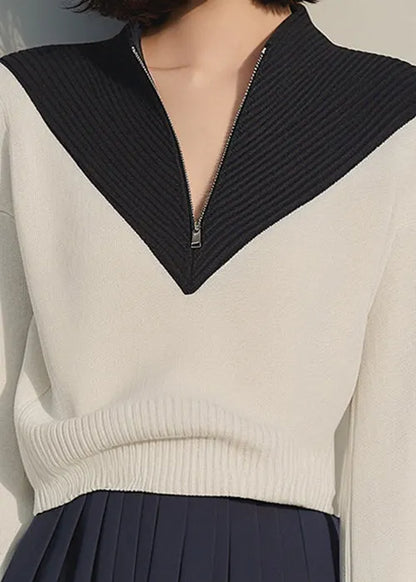 Apricot Zip Up Patchwork Knit Sweaters Winter