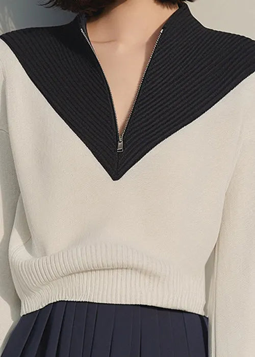 Apricot Zip Up Patchwork Knit Sweaters Winter