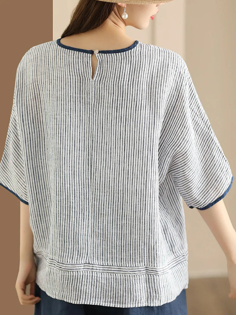 Summer Stripe Spliced Linen Shirt