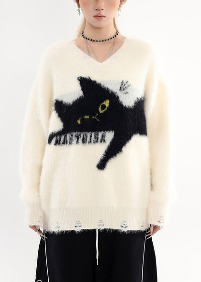 White Oversized Cat Cozy Hole Sweater Tops Winter