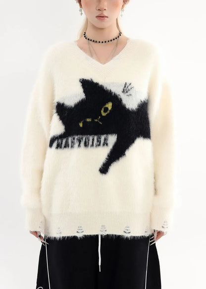 White Oversized Cat Cozy Hole Sweater Tops Winter
