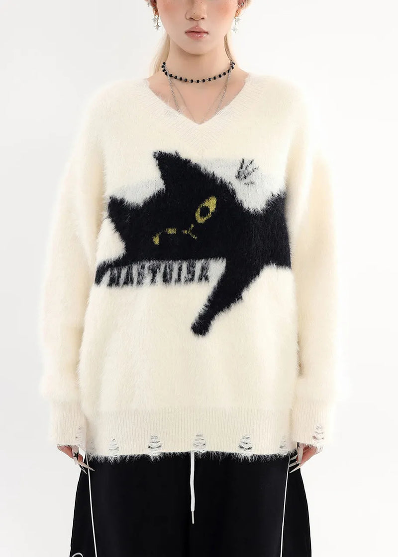White Oversized Cat Cozy Hole Sweater Tops Winter
