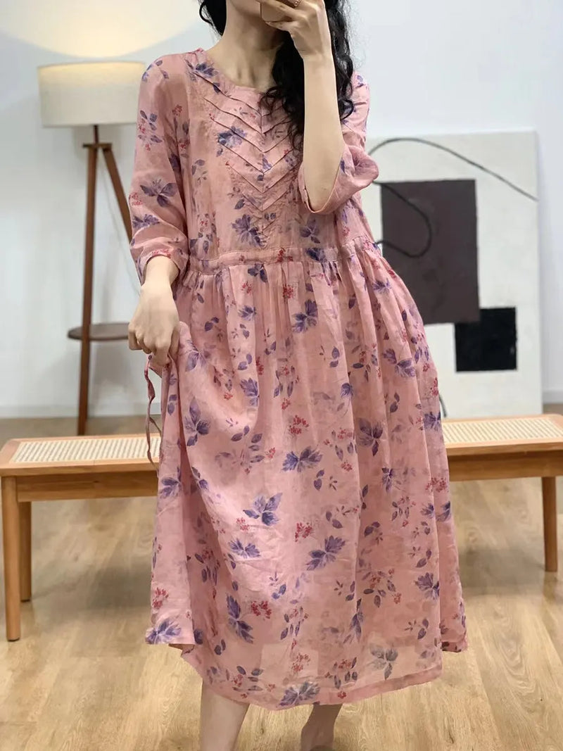 Summer Artsy V-neck Shirred Ramie Dress