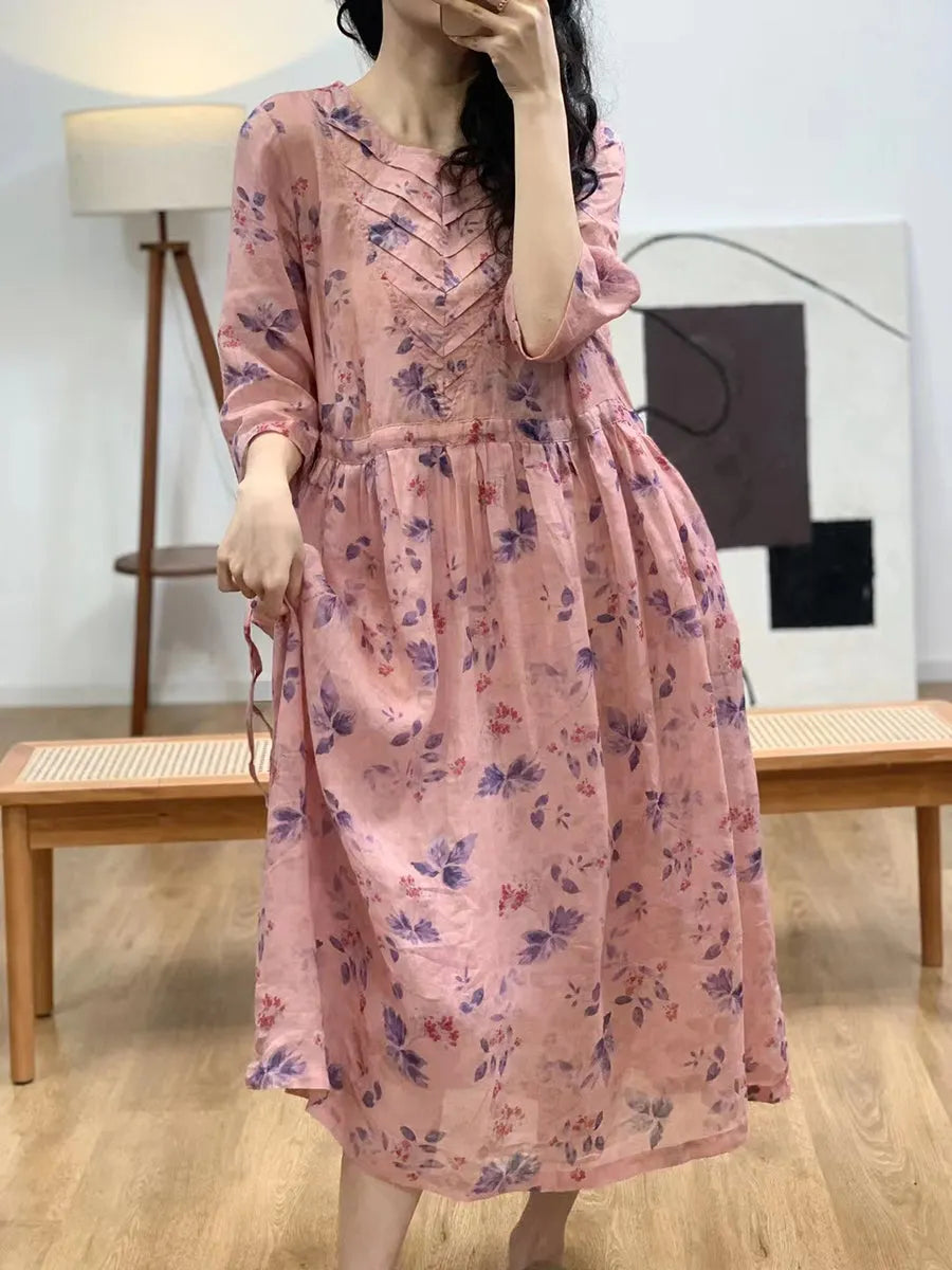 Summer Artsy V-neck Shirred Ramie Dress