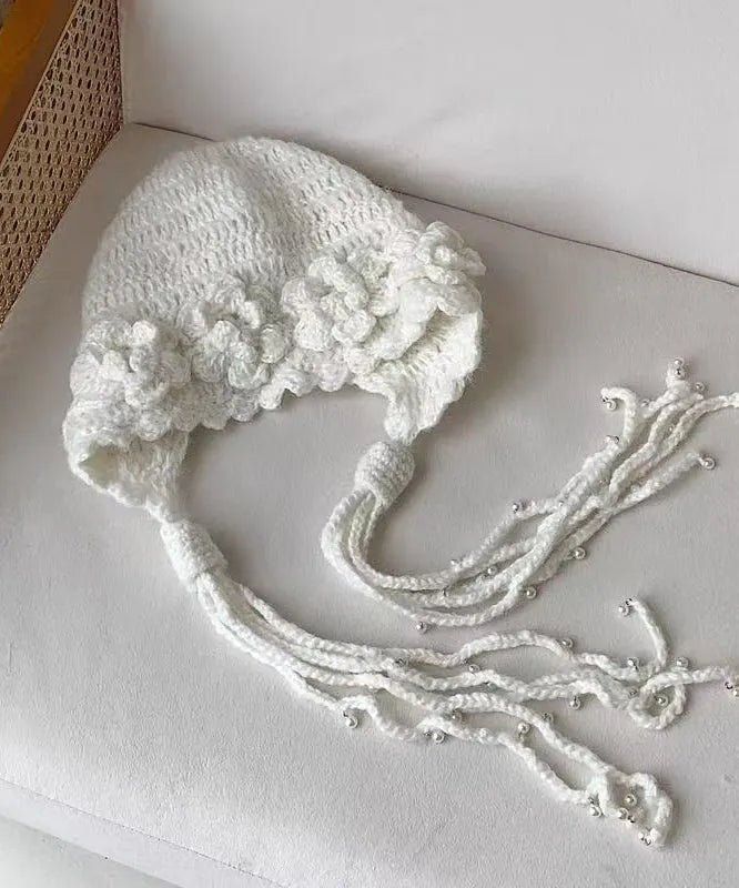 Stylish Handmade White Tassel Knit Bonnie Hat
