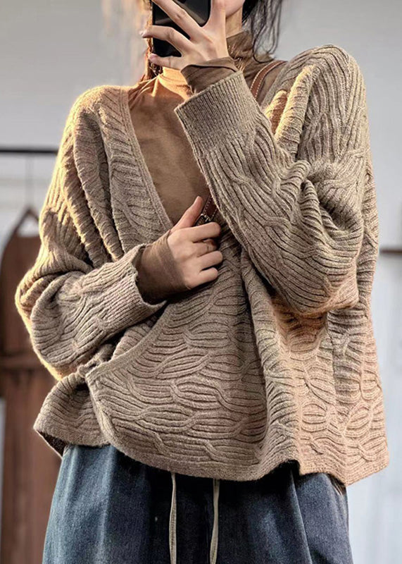 Coffee V Neck Button Cotton Knit Coats Fall
