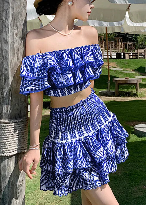 New Blue Hollow Out Tops and Skirts Cotton Two Piece Set Short Sleeve