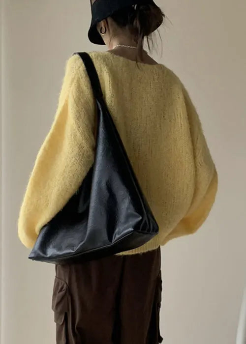 Yellow Cotton Knit Pullover Sweater V Neck Winter