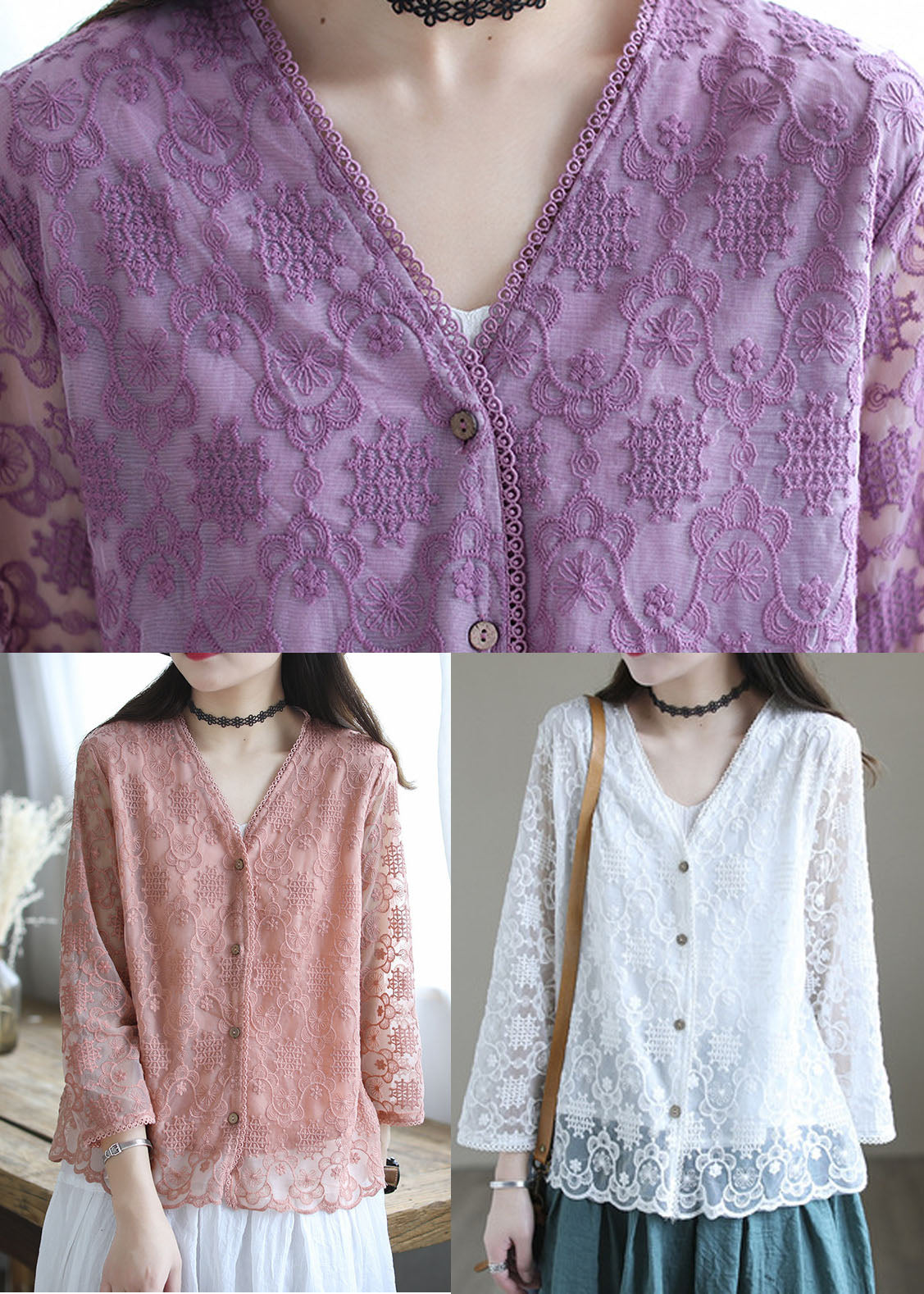 French Pink Embroidered Cotton Loose Cardigans Long Sleeve
