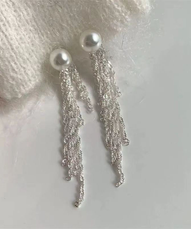Modern Silk Sterling Silver Alloy Pear Tassel Drop Earrings