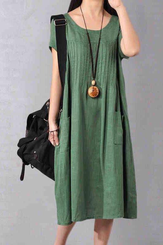 Limited Stock- Cotton Linen Loose Fitting Dress in Green
