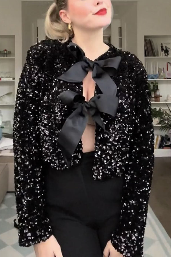 Two Ways to Celebrate Tie-front Bow Sequined Jacket
