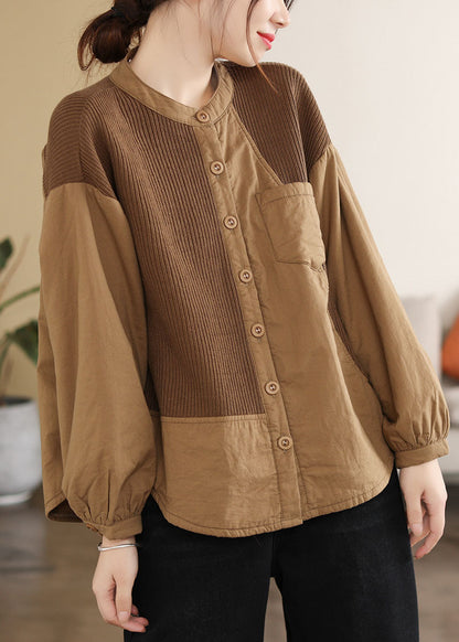 Classy Coffee O-neck Patchwork Pockets Fine Cotton Filled Parka Jacket Winter