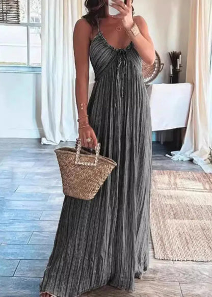 Light Grey Ruffled Lace Up Cotton Spaghetti Strap Dress Sleeveless