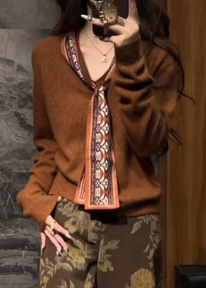 Coffee Silk Scarf Patchwork Knit Sweaters V Neck