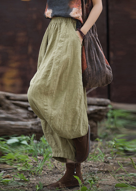 Cozy Linen Pockets Elastic Waist Cotton Crop Pants Summer